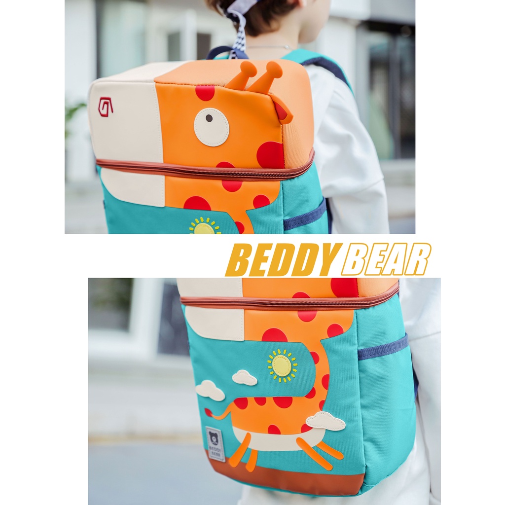 Balo cho Bé trai hoặc gái học Mẫu giáo Thương hiệu Beddybear / Beddy bear Họa tiết Hươu Cao Cổ, thiết kế chống gù lưng