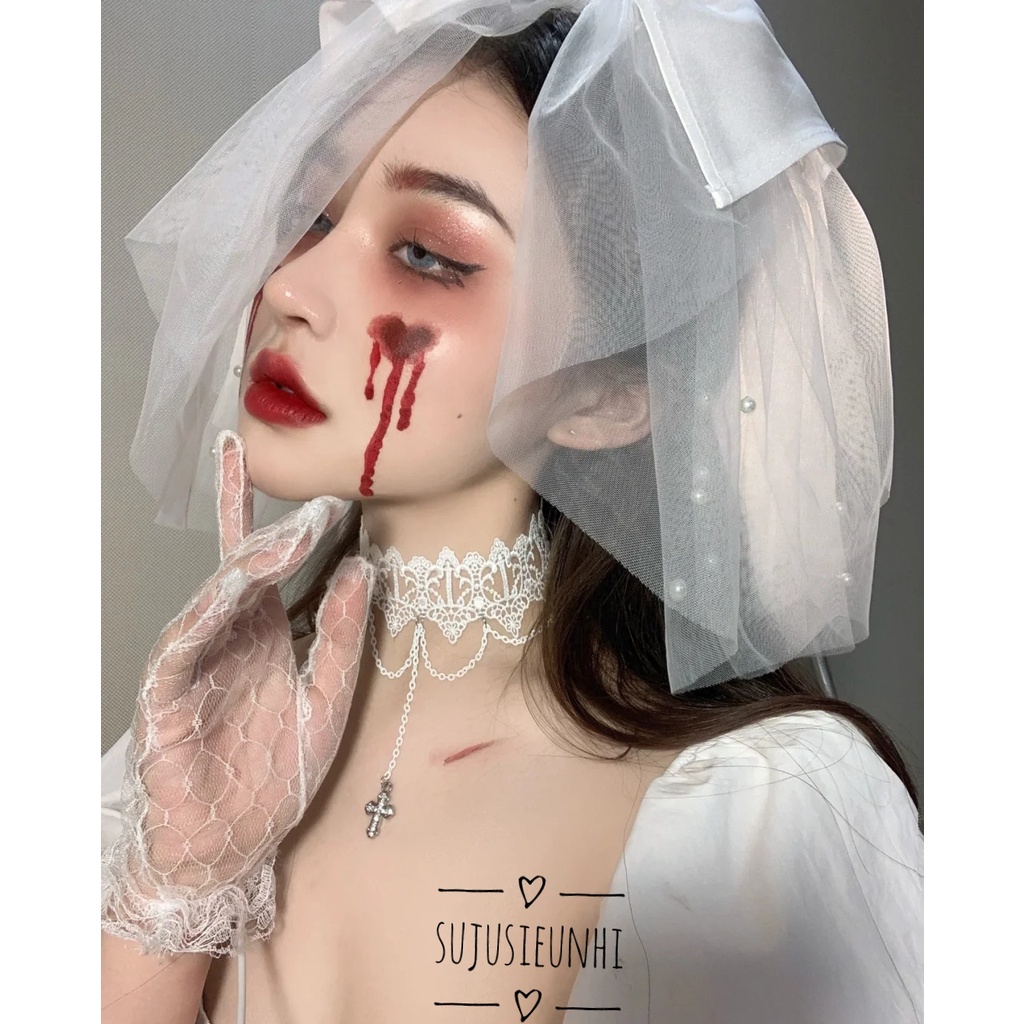 vòng cổ choker chuỗi xích màu trắng đính chữ thập phong cách gothic