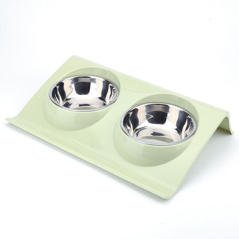 Creative Thick Stainless Steel Pet Double Bowl Inclined Style PP Material Durable Three-color Pet Cat and Dog Feeding Bowl