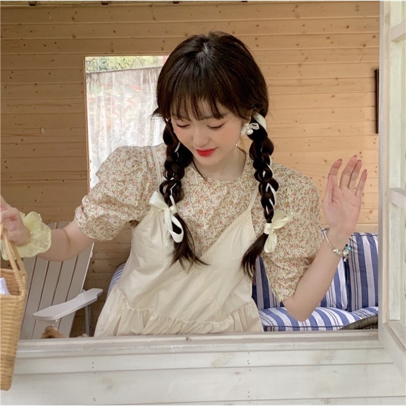 Set áo hoa nhí tay bồng + váy maxi hai dây viền ren dễ thương ulzzang Hàn Quốc [Yannie]