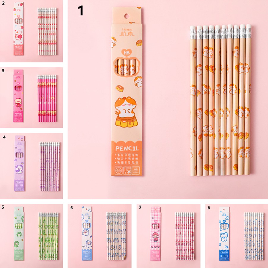 Set 10 bút chì Hb kèm gôm tẩy họa tiết hoạt hình dành cho học sinh
