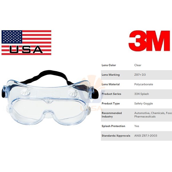 [CHÍNH HÃNG] Kính bảo hộ chống hóa chất 3M 334 Splash Safety Goggles Anti-Fog Lens