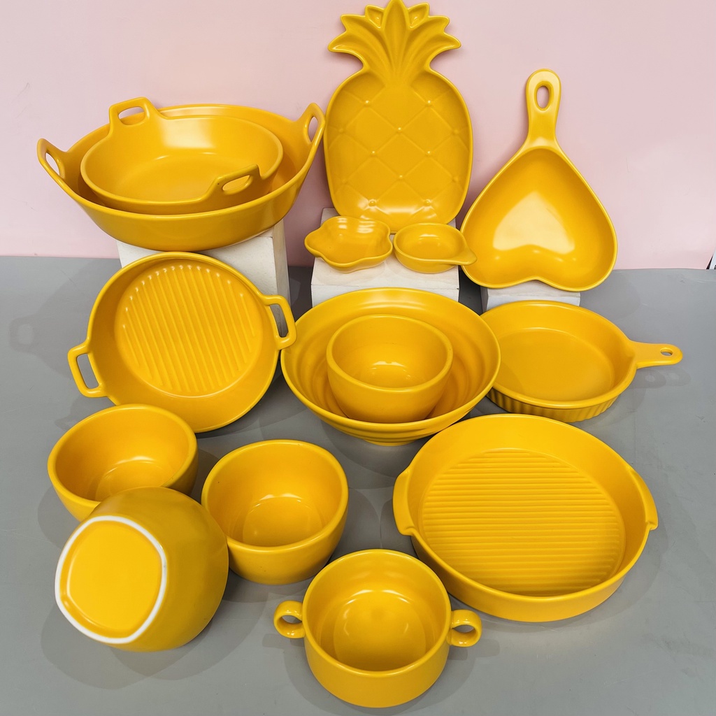 Sét bát đĩa gốm sứ decor trang trí đồ ăn siêu đẹp bộ màu vàng 15 món