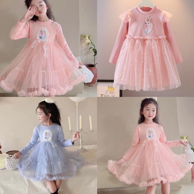 Váy công chúa cho bé gái, đầm Elsa chân ren xoè , váy Elsa cộc tay phối ren trẻ em
