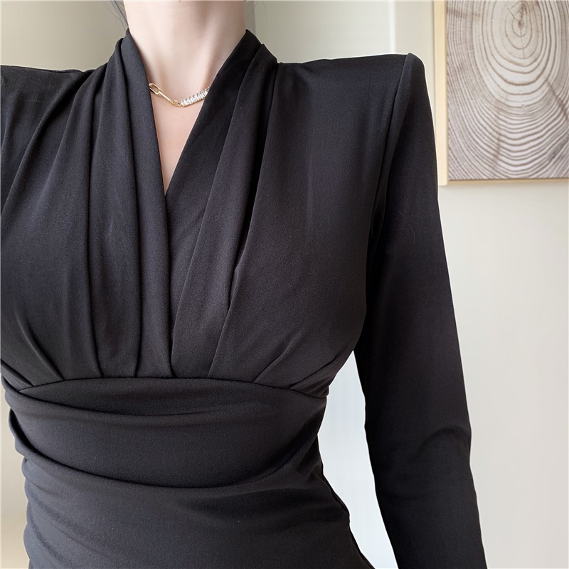 Đầm xẻ tà cổ v thắt eo dài tay cotton sexy phong cách Hàn Quốc