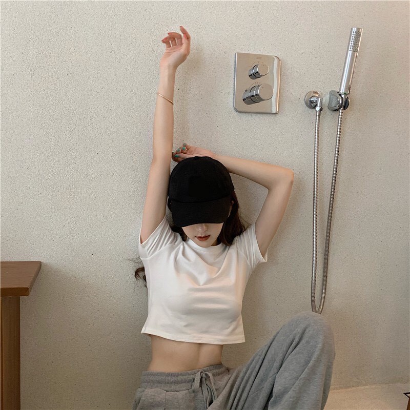 Áo Thun Croptop Nữ Tay Ngắn Cổ Tròn Cao Form Ôm Body Màu Trắng | BigBuy360 - bigbuy360.vn