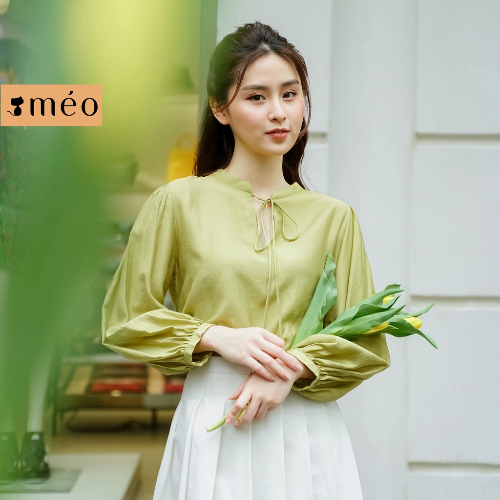 Áo kiểu nữ Méo shop dài tay kiểu hàn cổ nơ dáng suông Habi