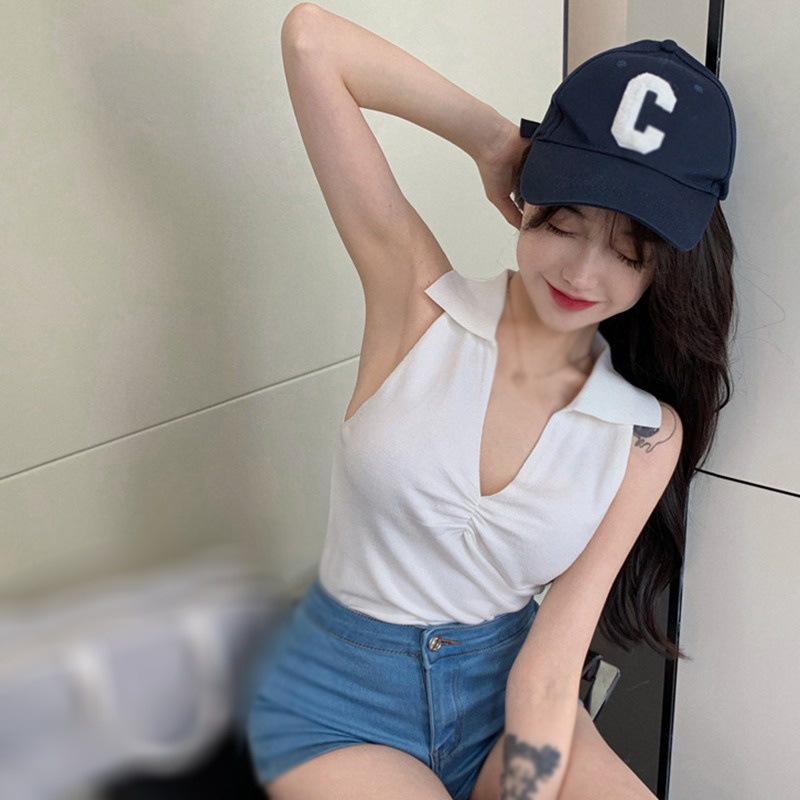 Áo Dệt Kim Không Tay Cổ Chữ V Xếp Ly Phong Cách Hàn Quốc