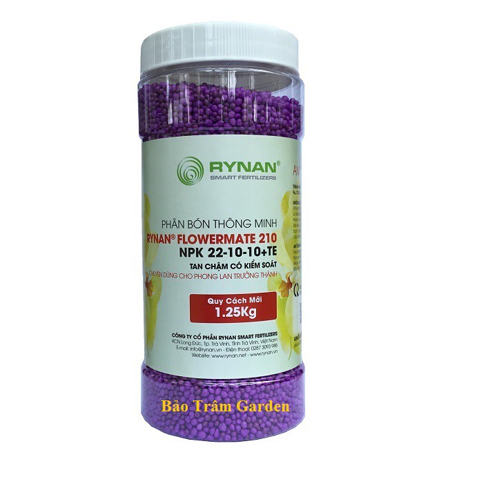 Phân tan chậm thông minh Rynan Flowermate 210 NPK 22-10-10 TE hũ 1,25 kg chuyên dùng cho phong lan trưởng thành