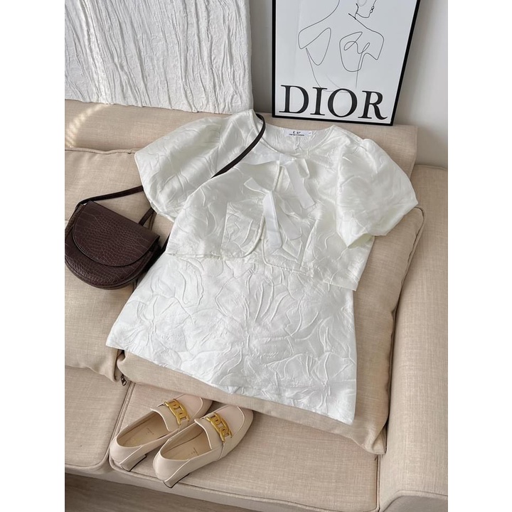 Set Váy Gấm Hoa Nổi Tay Phồng Croptop Buộc Nơ Mix Chân Váy A Siêu Xinh