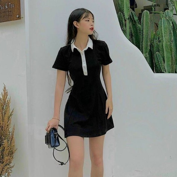 Váy chữ A, đầm polo đen cổ bẻ màu trắng Han siêu đẹp | BigBuy360 - bigbuy360.vn