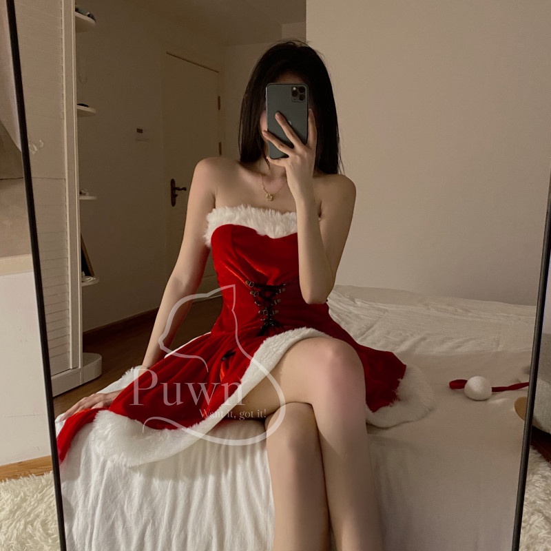 Váy Giáng Sinh đỏ cúp ngực có dây rút sexy quyến rũ Puwn Shop