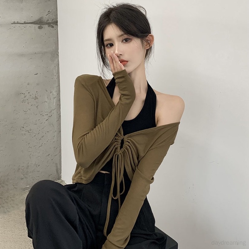 Áo Thun Croptop Dệt Kim Tay Dài Chống Nắng Thiết Kế Dây Rút Phong Cách Hàn Quốc