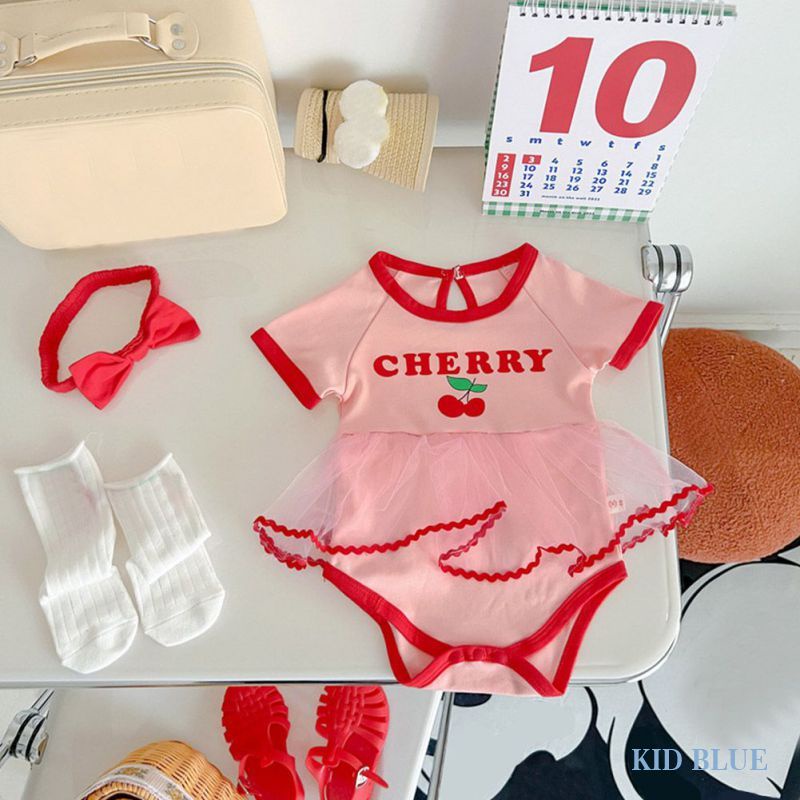 Bộ Áo Liền Quần Tam Giác Phối Ren Hình Quả Cherry Dễ Thương Kèm Băng Đô Cho Bé Gái