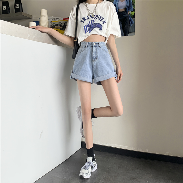 Quần jean short lưng cao dáng rộng phong cách retro Hàn Quốc thời trang mùa hè cho nữ