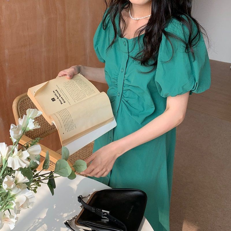 Phiên bản mùa hè Hàn Quốc mới 2021 váy mỏng, sinh viên siêu bất tử cổ vuông, tay áo bong bóng xếp ly, váy trắng | BigBuy360 - bigbuy360.vn