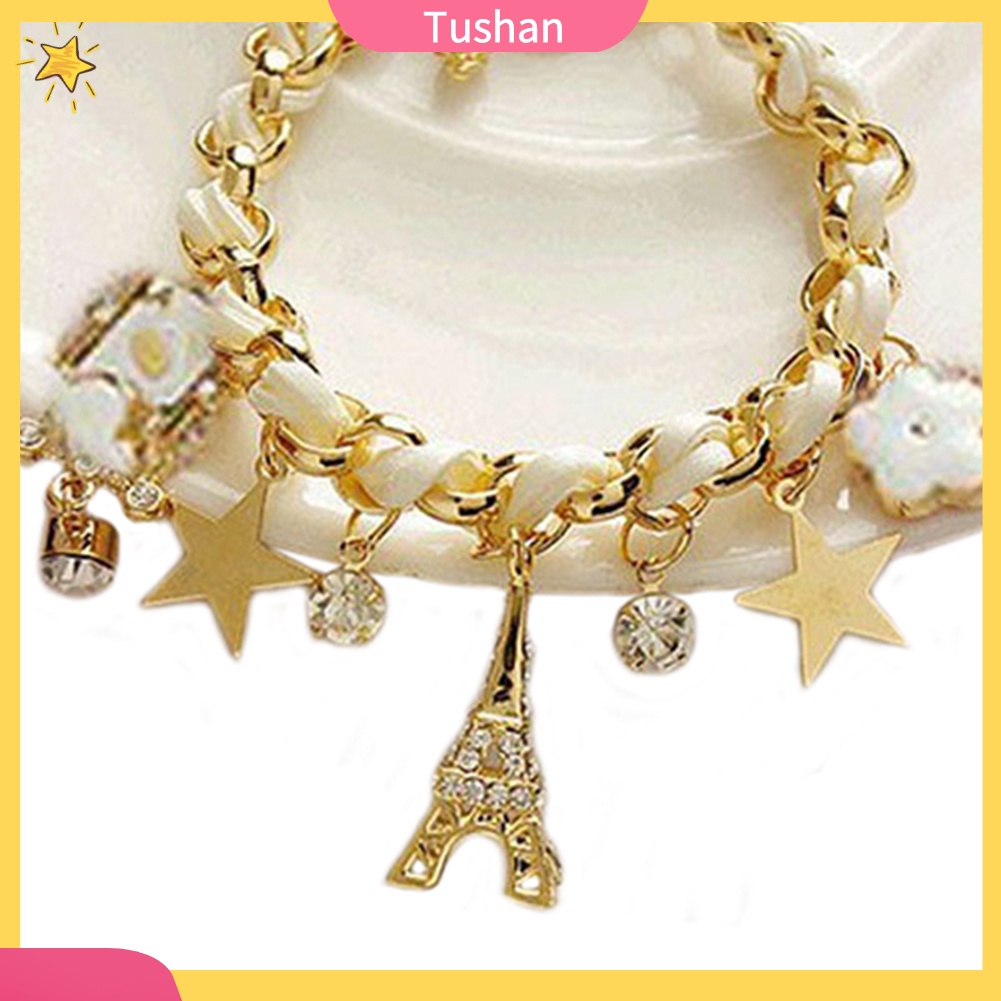 Vòng tay giả da nhiều lớp đính mặt tháp Eiffel độc đáo
