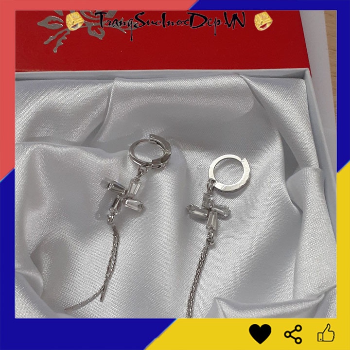 Bông tai nữ tòn ten cỏ 4 lá đính đá rớt tua phong cách Hàn Quốc sáng đẹp, dễ phối đồ