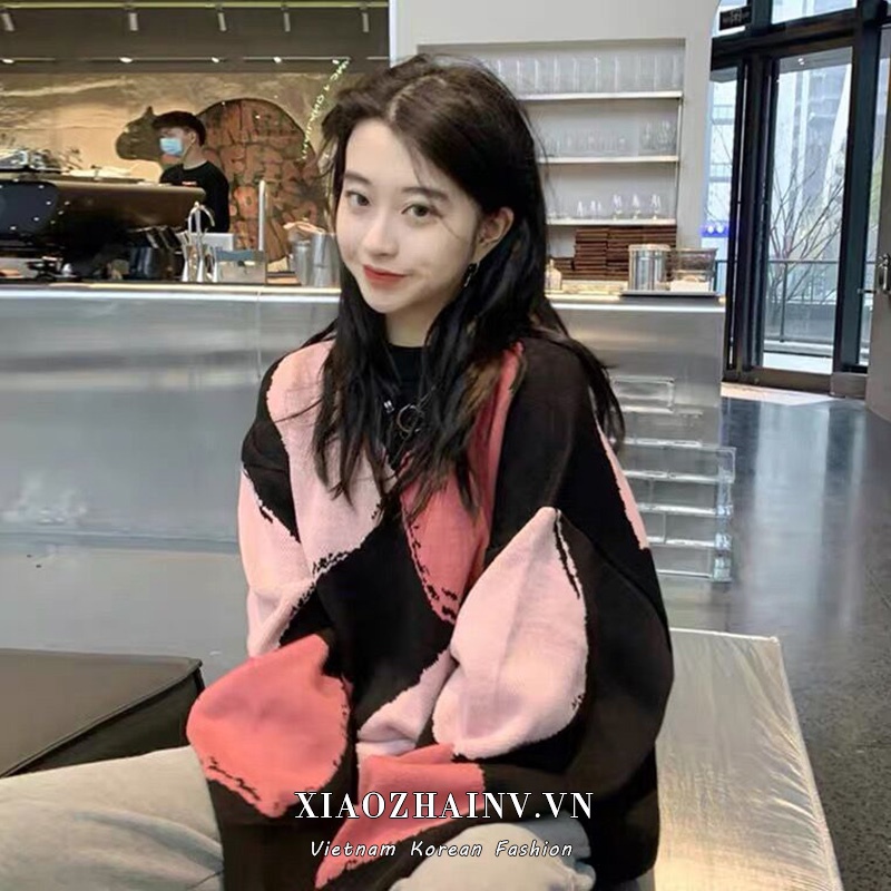 Xiaozhainv Áo sweater tay dài dáng rộng họa tiết caro phong cách hoài cổ Hàn Quốc thanh lịch cho nữ có 2 màu tùy chọn