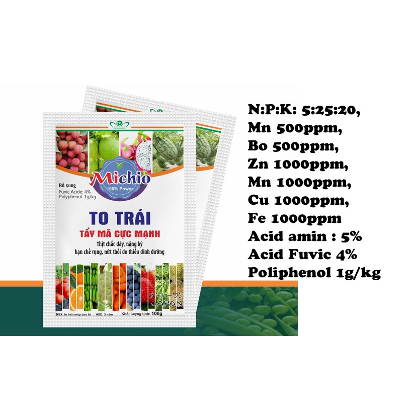 MichiO 100g To trái chắc thịt nặng ký hiệu quả tốt trên tất cả các loại cây trồng như Xoài mận dưa leo bí ...