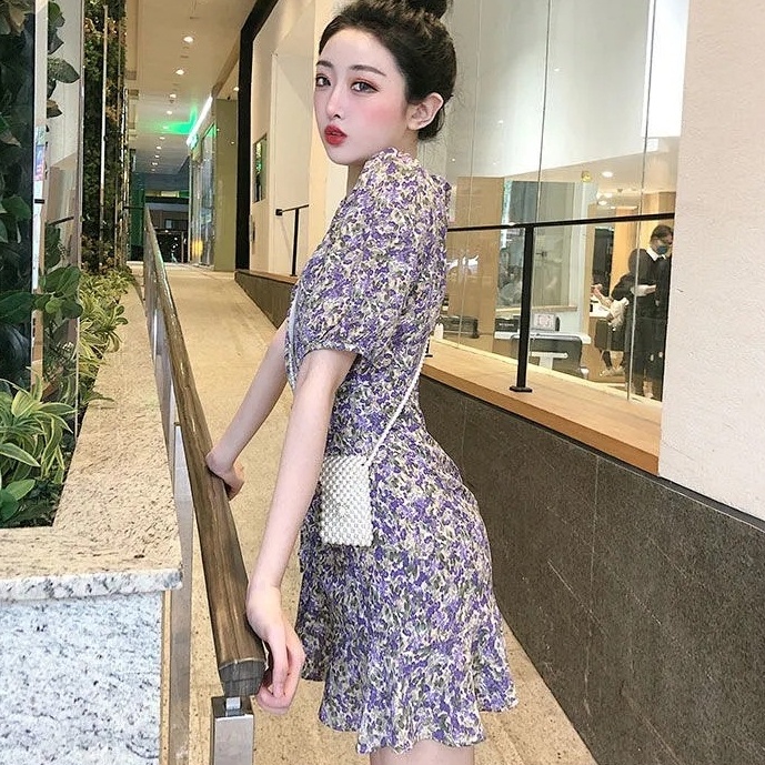 Đầm Cổ Chữ V Họa Tiết Hoa Ngọt Ngào Thời Trang Mùa Hè Theo Phong Cách Hàn Quốc Cho Nữ