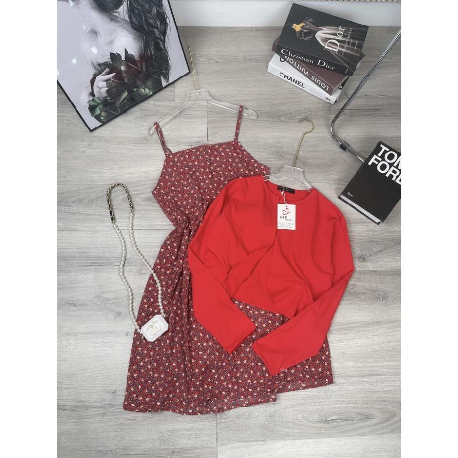 [ 𝐅𝐑𝐄𝐄 𝐒𝐇𝐈𝐏 ] Set váy áo cardigan đỏ mix váy hoa nhí xòe 2 dây