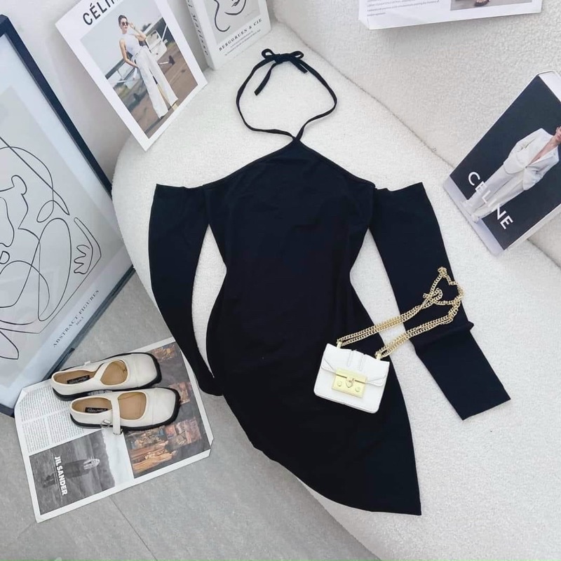 ĐẦM BODY ĐEN CỔ YẾM RỚT VAI TAY DÀI KTGIMI ( Kèm ảnh thật)