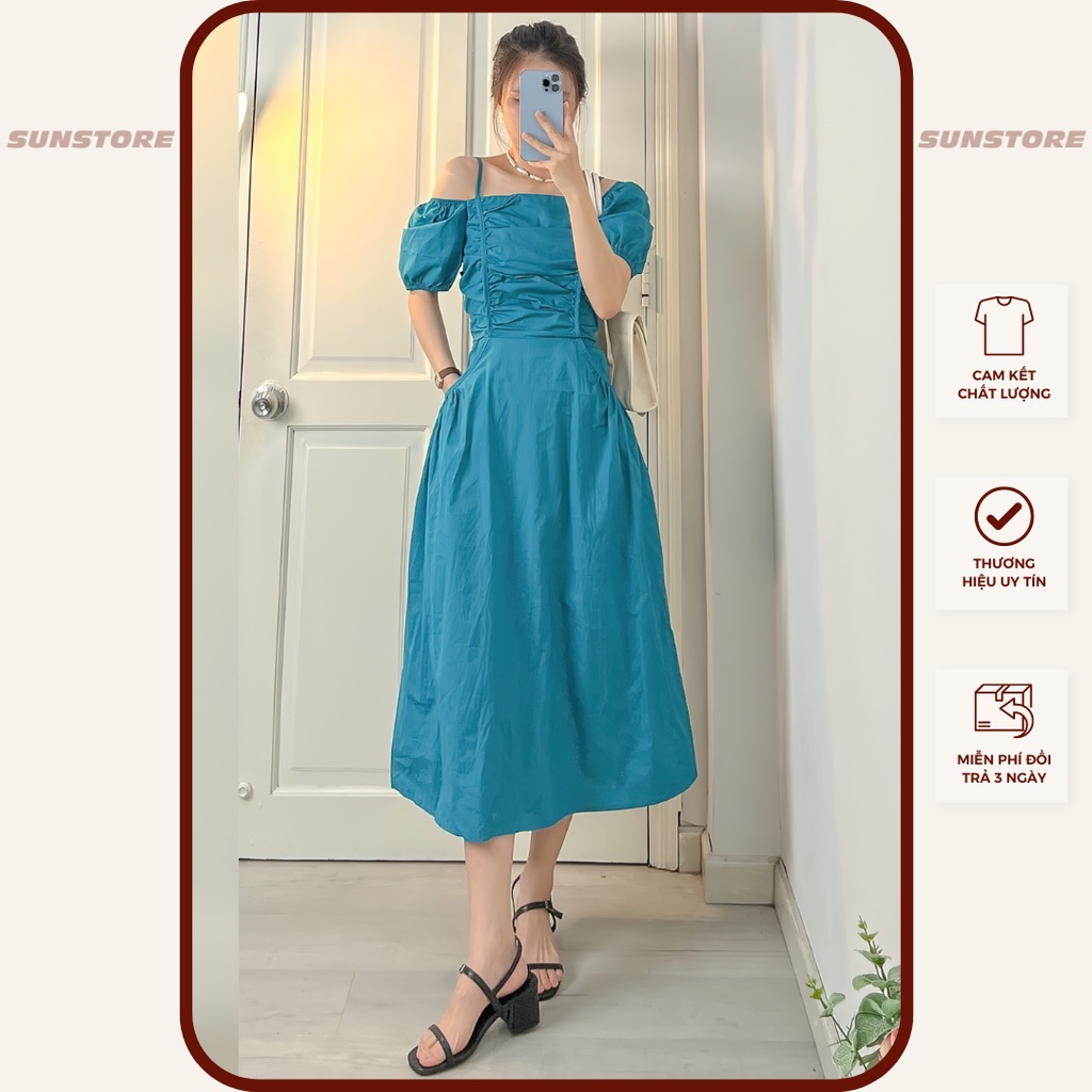 Đầm dự tiệc nữ dáng dài trễ vai nhún ngực màu xanh DN60 - Sunstore