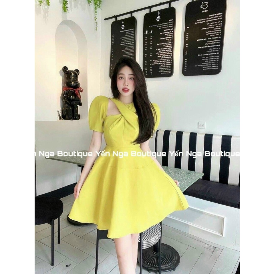 [8.8 Sales Freeship] Đầm tiểu thư tay phồng hở vai, đầm khoét vai xoắn ngực dáng ngắn xòe đi tiệc xinh đẹp, sang chảnh