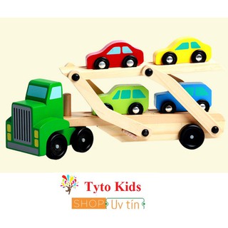 Đồ chơi xe tải 2 tầng chở xe con gỗ cho bé