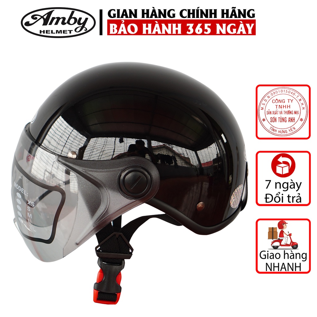 Mũ Bảo Hiểm Nửa Đầu Amby Helmet ST05, có kính che nửa mặt, kiểu dáng thời trang, khóa nhựa bền chắc - Đen Bóng