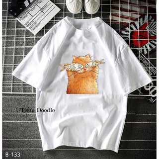 Áo Thun Nam Nữ Tay Lỡ Unisex Phông Trơn Oversize Form Rộng Basic Tee Hình mèo ôm cá