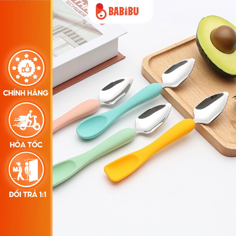 Thìa Nạo Nhỏ Hoa Quả, Thìa 2 trong 1, Muỗng Ăn Dặm 2 in 1 Đầu Silicon và Inox 304 Babibu-T2IN1