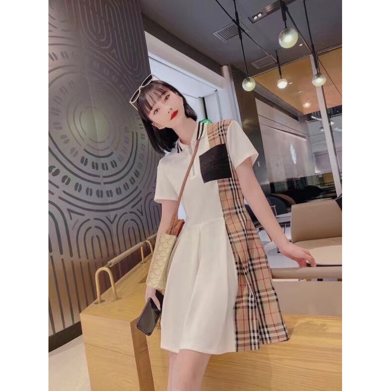 Váy ngắn tay Burberry BBR hàng cao cấp kẻ sọc có cổ có khóa kéo siêu xinh