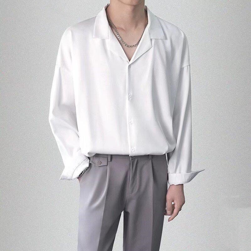 Áo Sơ Mi Trơn Tay Dài Dáng Rộng Thoáng Khí Thời Trang Hàn Quốc Cho Nam