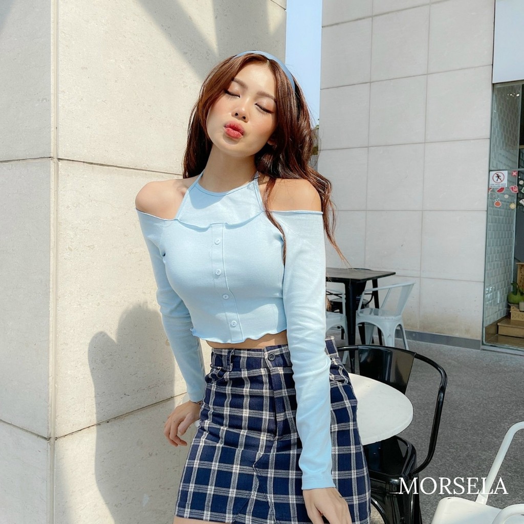 Áo thun croptop tay dài ôm body cột dây cổ yếm dáng trễ vai Sexy theo phong cách Hàn Quốc -Áo crop top nữ kiểu - Morsela
