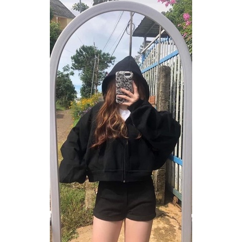 Áo Khoác Hoodie Croptop Nữ Dáng Ngắn Chất Nỉ Ngoại Tay Bồng, Ảnh Thật❤️Áo Crt Lửng Có Mũ Chất Nỉ Bông Dày Mịn