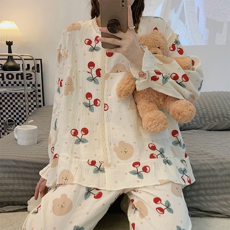 Bộ Đồ Ngủ Phối Ren Họa Tiết Hoa Ngọt Ngào Thời Trang Xuân Thu Cho Nữ