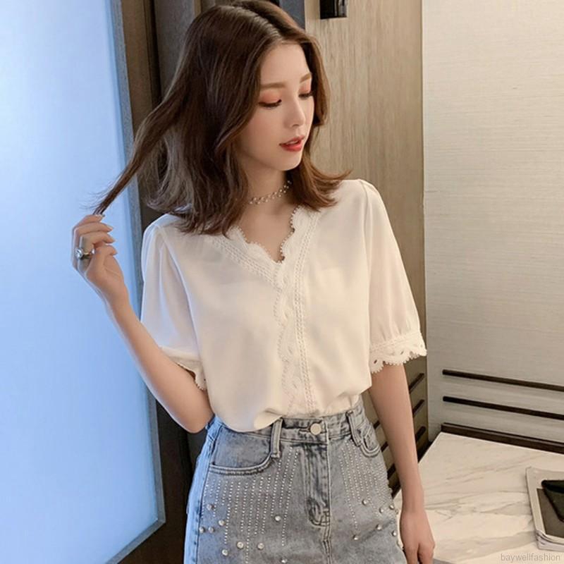 [Baywellfashion]Fashion Lace Hollow Out Sweet Loose White Women's V-Neck Blouse | BigBuy360 - bigbuy360.vn