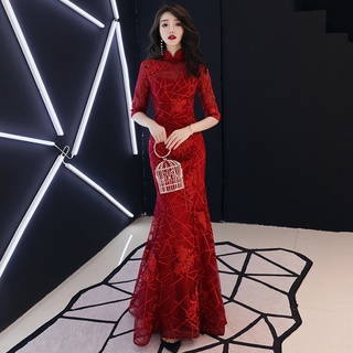 Đầm sườn xám dáng chữ a dài tay phong cách trung hoa cho nữ
