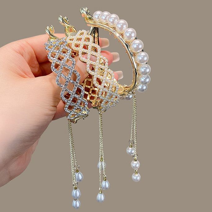 Kẹp Tóc Đính Đá Ngọc Trai Nhân Tạo Phối Dây Tua Rua Thời Trang Cho Nữ