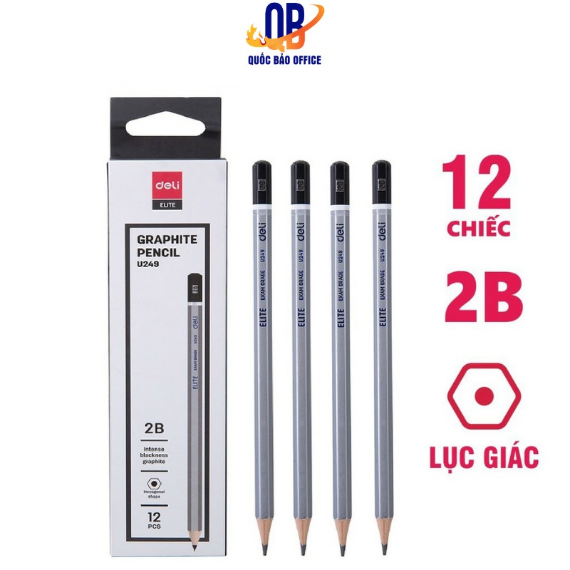 Bút chì 2B Deli cao cấp - Viết chì - màu bạc 12 cây/ hộp CU24910