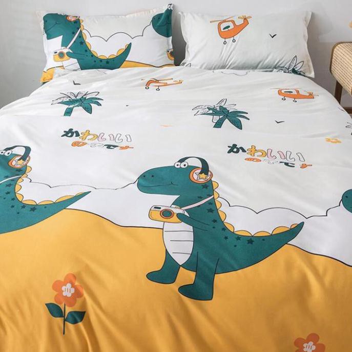 [RẺ VÔ ĐỊCH] Bộ chăn ga gối drap giường chất cotton poly họa tiết khủng long nghe nhạc
