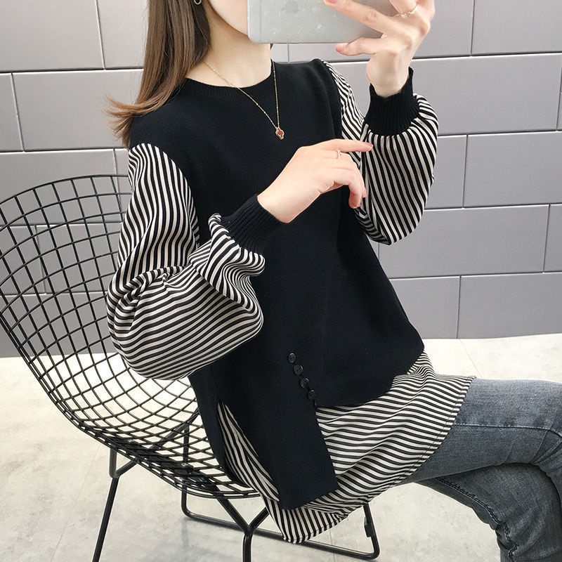 Áo sweater dệt kim mỏng dáng rộng giả hai lớp thời trang thu đông hàng mới dành cho bạn nữ 2021