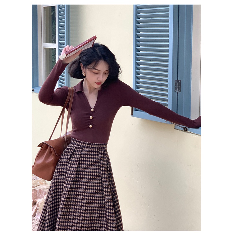 Áo thun COZOK dệt kim tay dài cổ chữ V xếp ly phong cách vintage