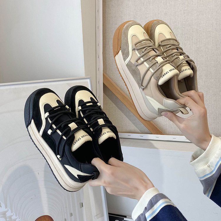 Giày thể thao nữ đế bằng phối da lộn, Giày sneaker nữ độn đế có viền phối màu phong cách trẻ trung năng động | BigBuy360 - bigbuy360.vn