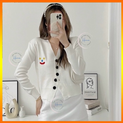 Áo Len Nữ Cardigan Dáng Croptop Họa Tiết Mặt Cười Đáng Yêu Chất Len Dệt Mềm Mịn Hanva