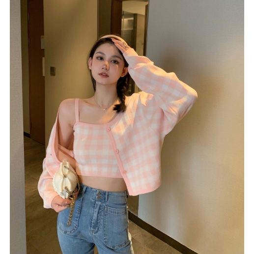 QKOOLE  Bộ áo khoác cardigan + áo ghi lê ngắn quyến rũ cho nữ