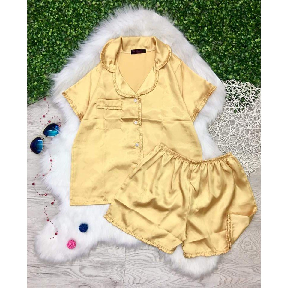 Bộ Lụa PIJAMA Bèo Nhún Tay Ngắn Quần Đùi.HÌNH THẬT 100%