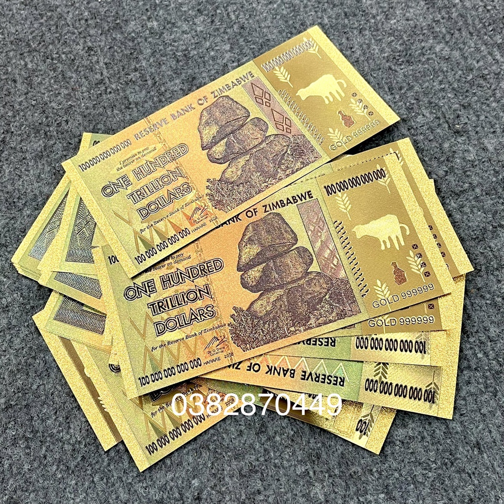 Tiền Zimbabwe 100 Ngàn Tỷ Dollars Plastics Mạ Vàng, Mệnh Giá Lớn Nhất Thế Giới